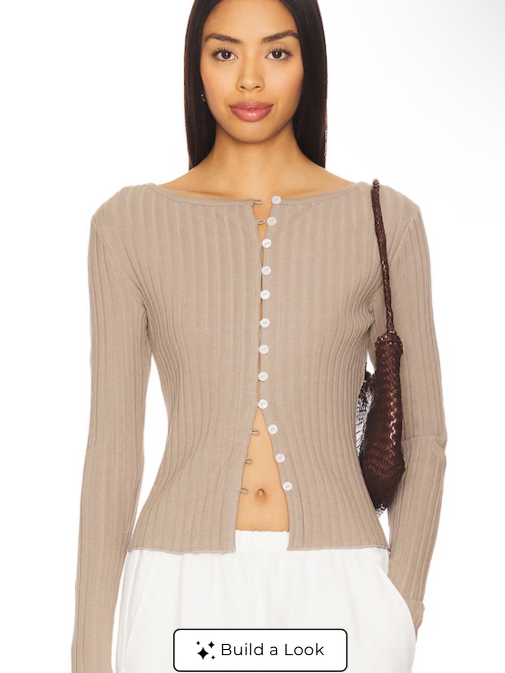 Free People Taupe Ribbed Button-Front Cardigan